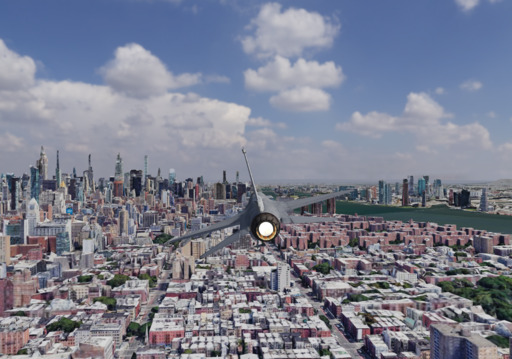 In-game screenshot of an F-16 fighter jet flying above New York skyline